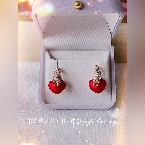 - 18K GP Red Heart Dangle Earrings - Picture 1 of 11